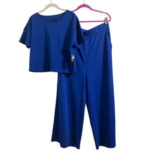 NWT New York & Co Womens Blue 2 Piece Crop Top Wide Leg Lounge Pant Set Sz L/XL